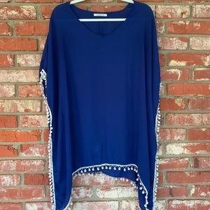 Cobalt Blue Chiffon Cover Up with Pom Poms